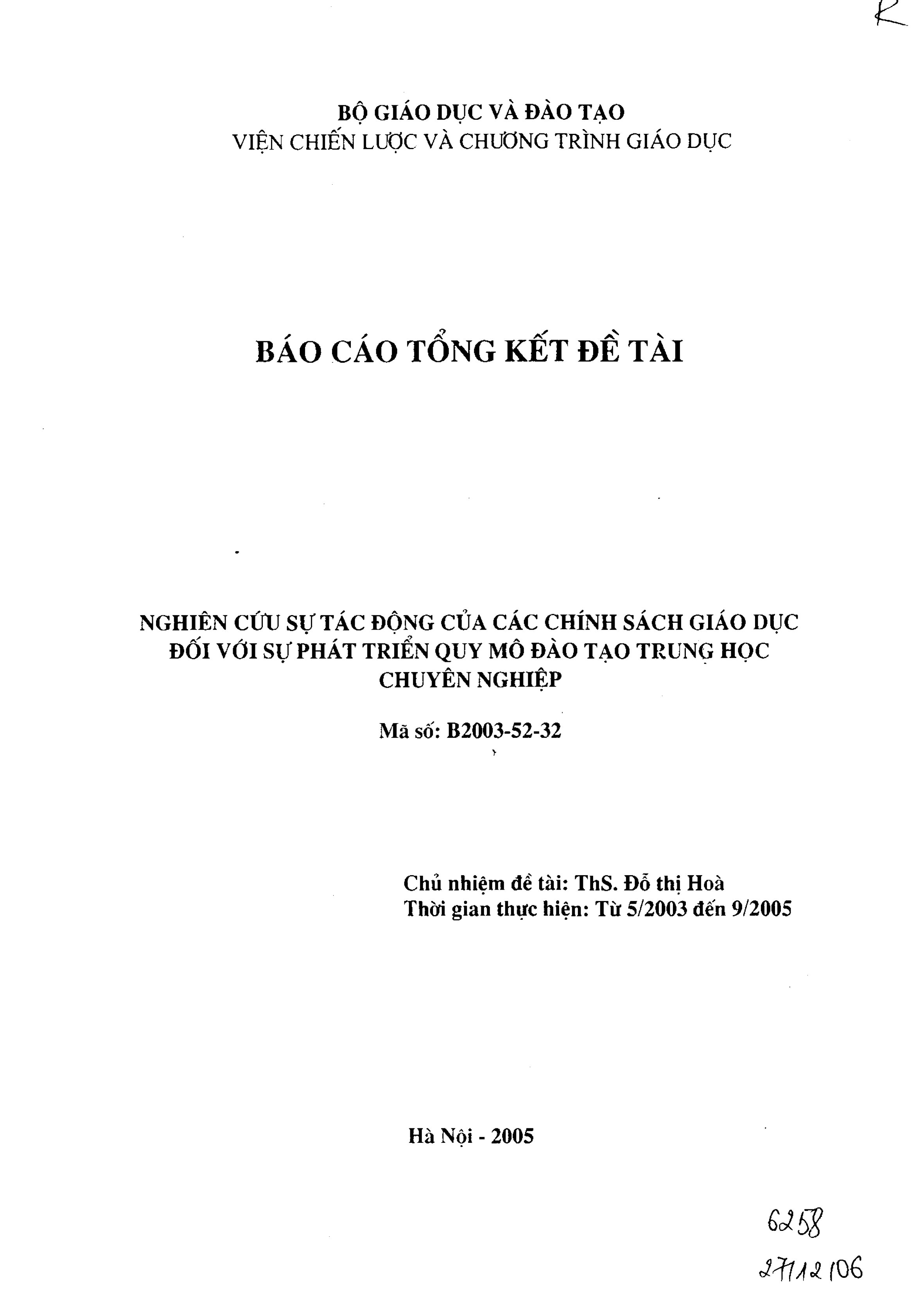 Nghiên cứu sự tác động của các chính sách giáo dục đối với sự phát triển quy mô đào tạo trung học chuyên nghiệp