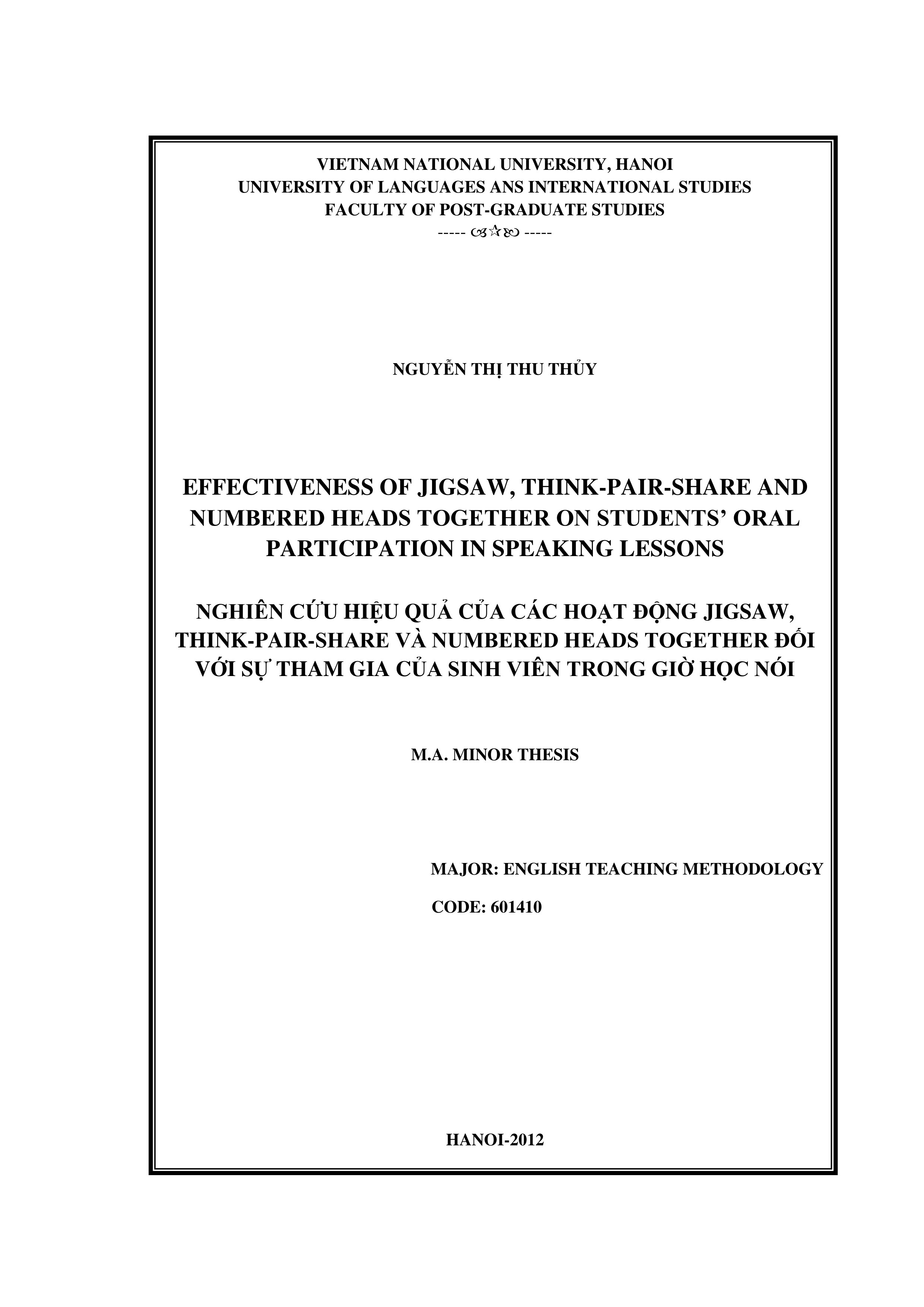 Effectiveness of jigsaw, think-pair-share and numbered heads together on students' oral