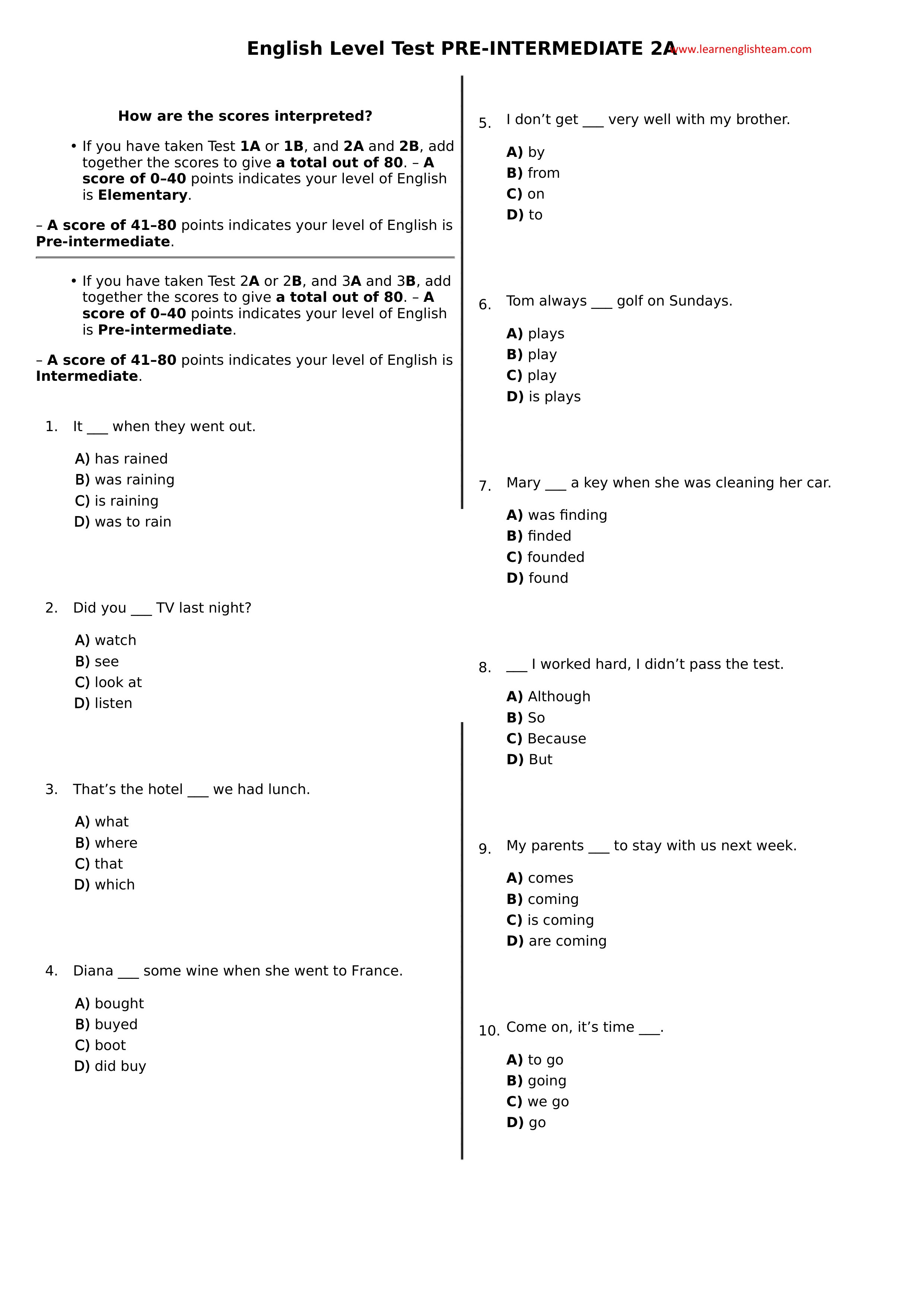 3 english level test pre intermediate a2