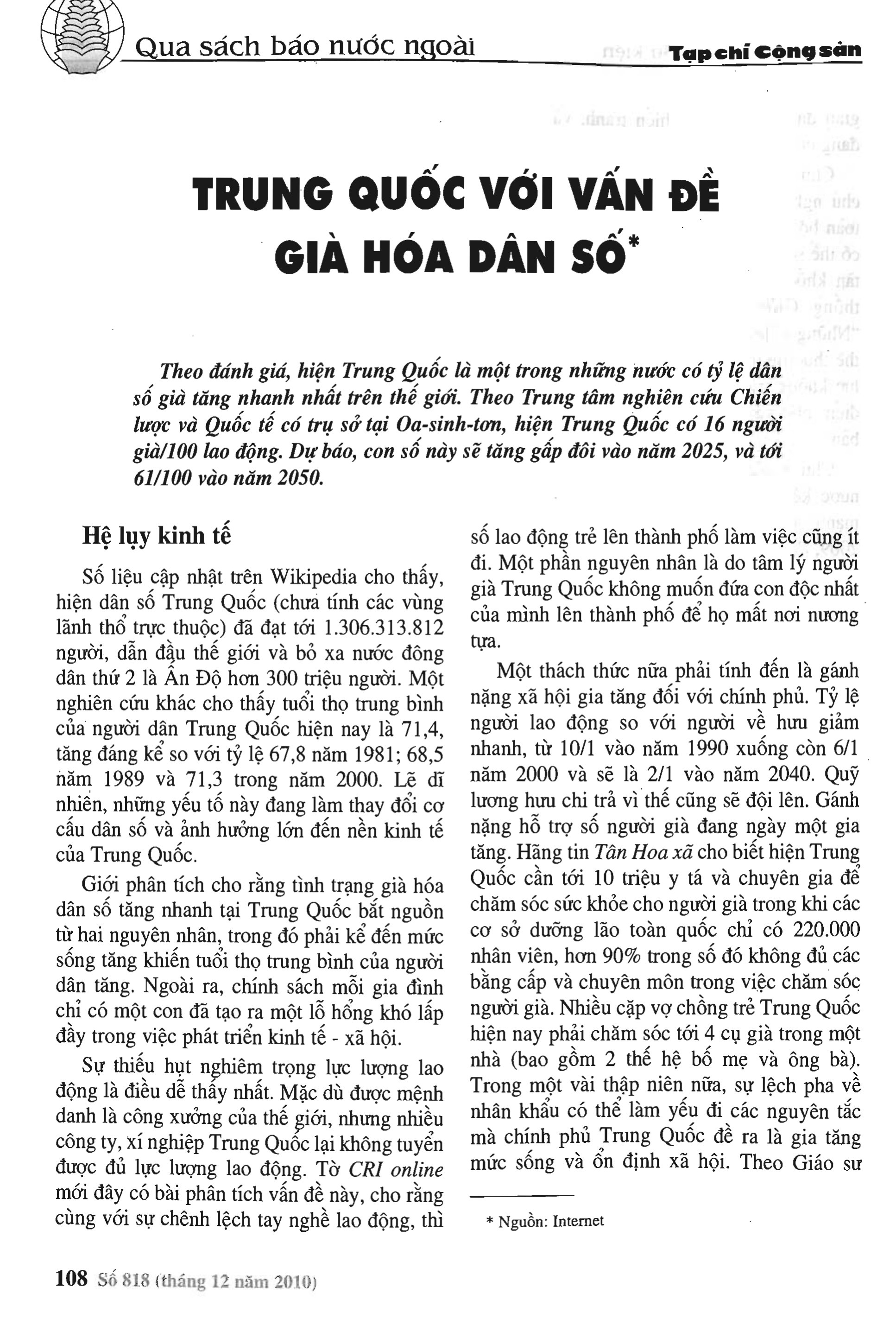 Trung Quốc với vấn đề già hoá dân số
