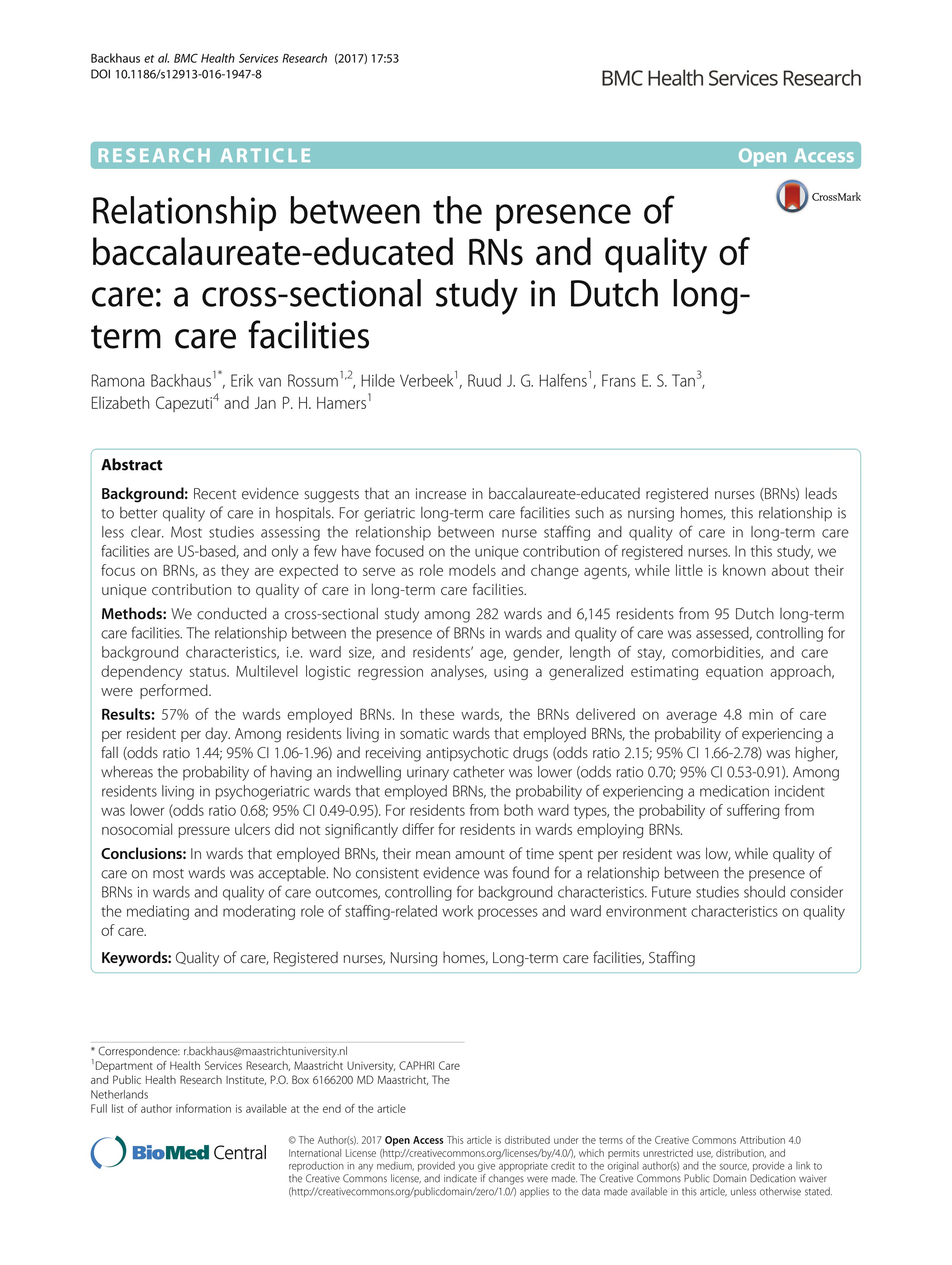 relationship between the presence of baccalaureate educated rns and quality of care a cross