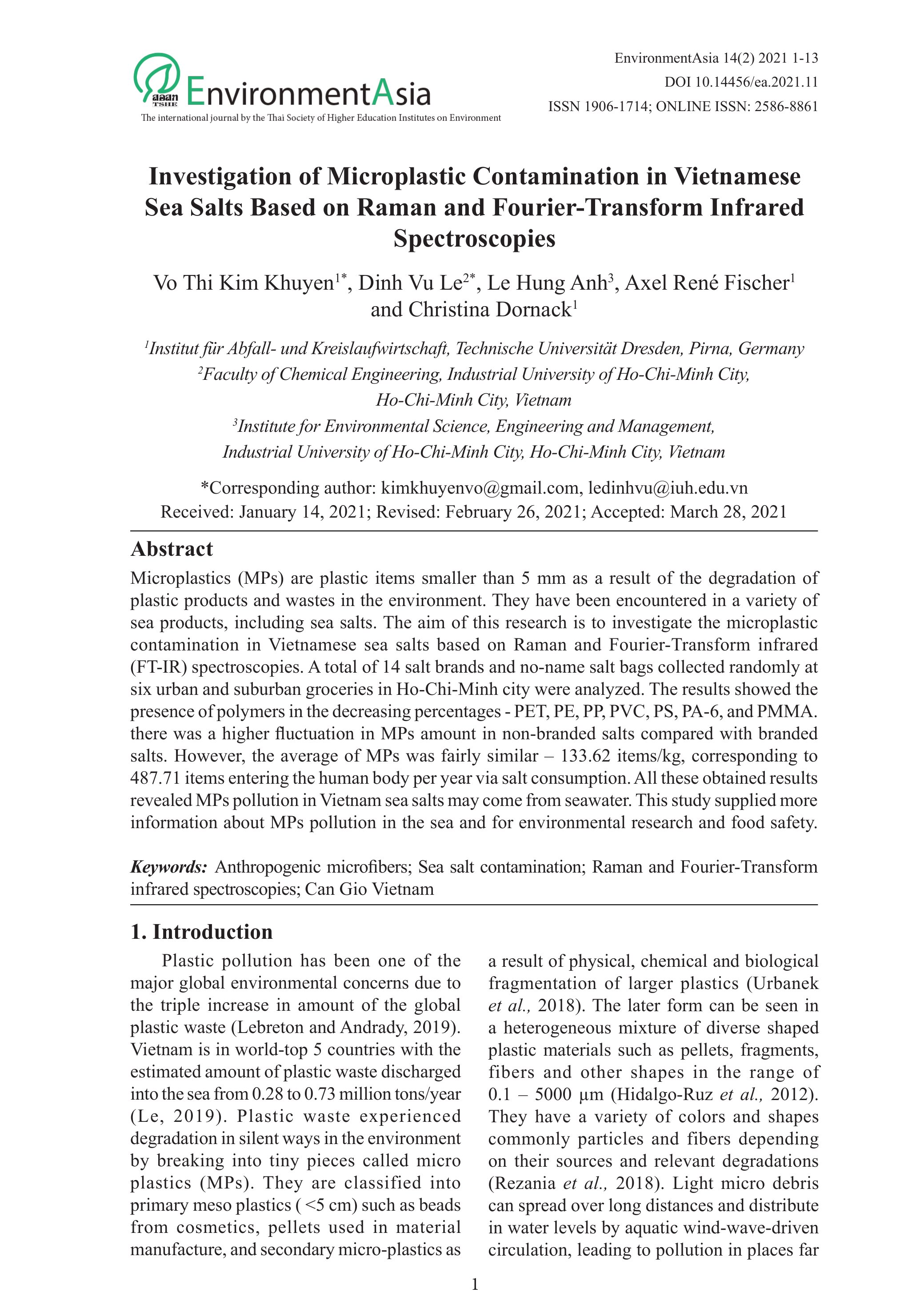 Investigation of Microplastic Contamination in Vietnamese Sea Salts Based on Raman and Fourier-Transform Infrared Spectroscopies