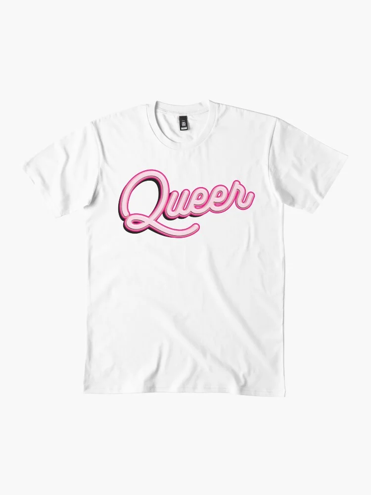 Woman wearing a cream-coloured t-shirt with the 'Queer Pop' design.