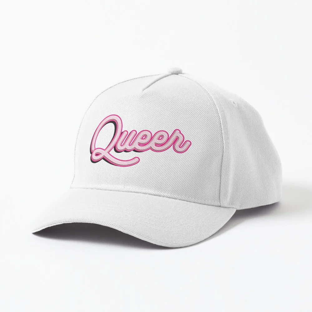 Two white mugs with the 'Queer Pop' design displayed on a shelf.