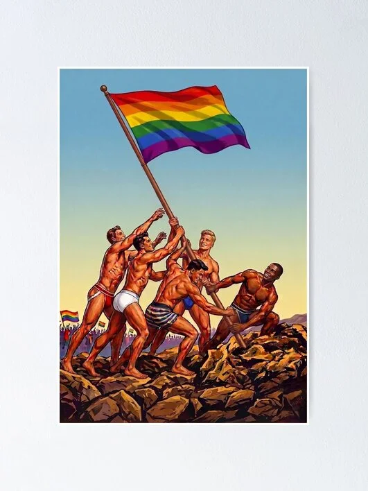 Close-up of the diverse group of men raising the rainbow flag print