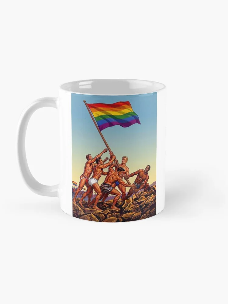 The iconic rainbow flag at its peak on a mug.