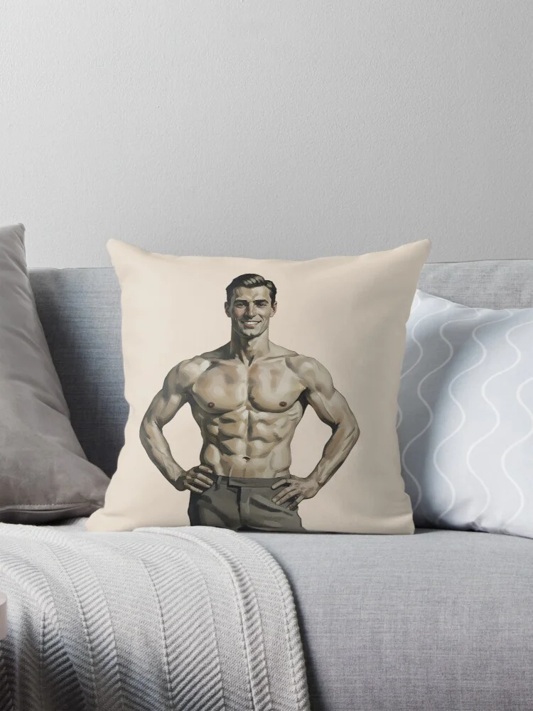 A postcard featuring the vintage muscular man illustration, set against a neutral background.