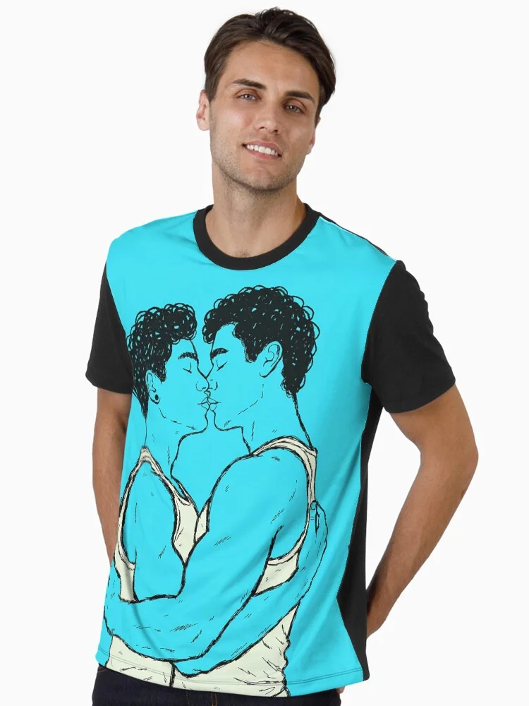 T-shirt featuring the gay kissing graphic.