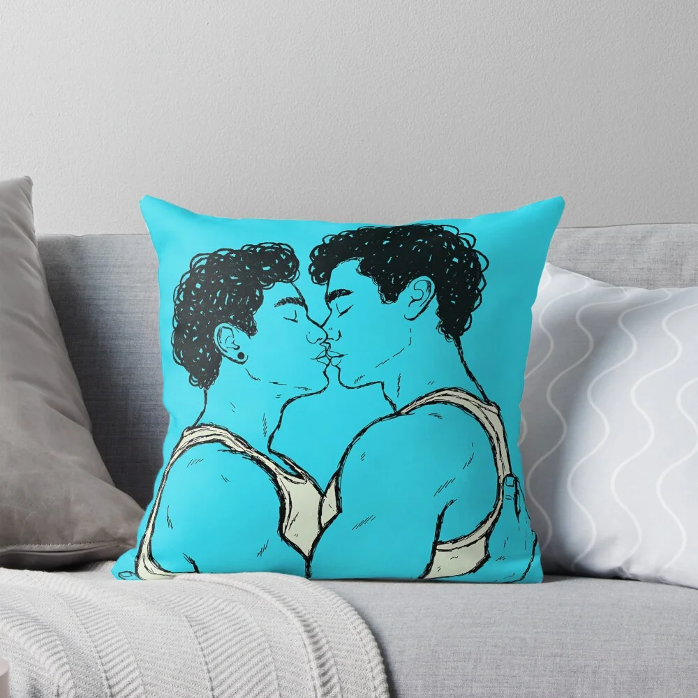 Pillow with the gay kissing graphic displayed prominently.