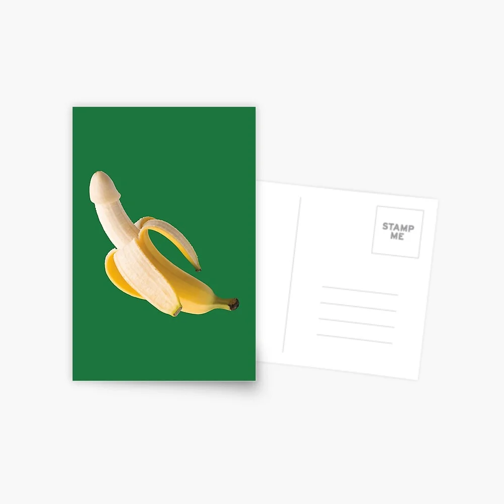 Postcard featuring a peeled banana shaped like a penis on a green background, with a blank space for a message.