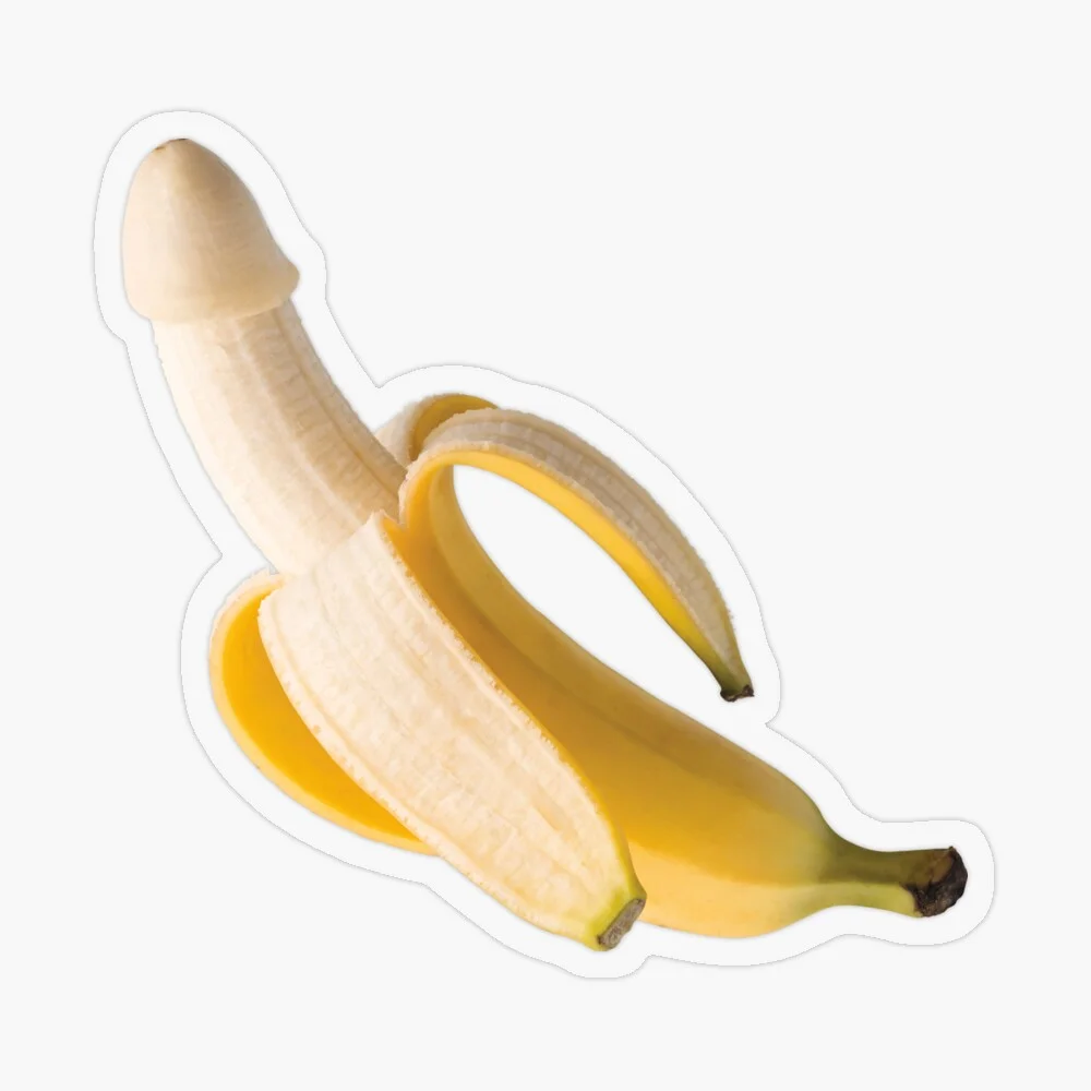 Transparent sticker of a peeled banana resembling a penis.