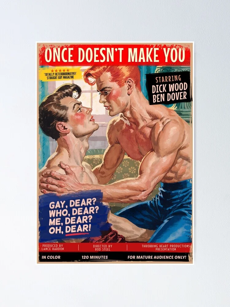 Close-up of the vintage gay pulp fiction poster design on a plain background.