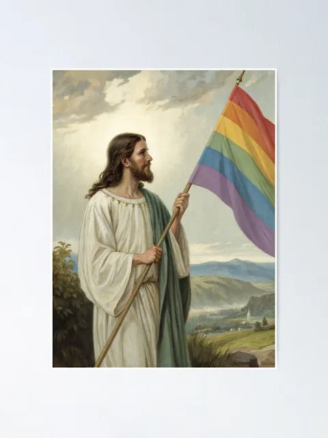Jesus Christ with a gay pride flag - poster.