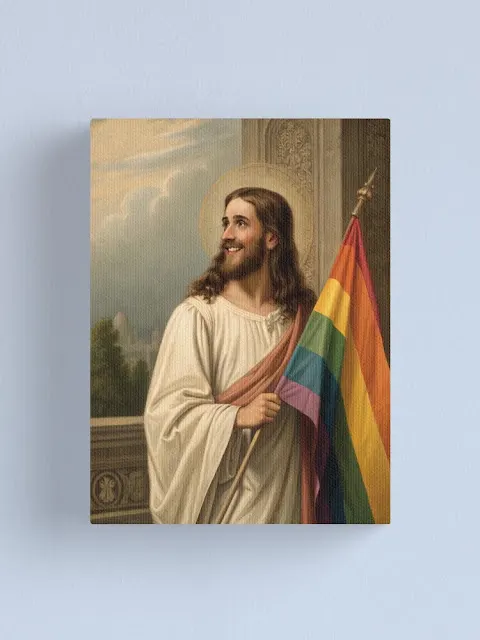 Jesus Christ with a gay pride flag - canvas print.