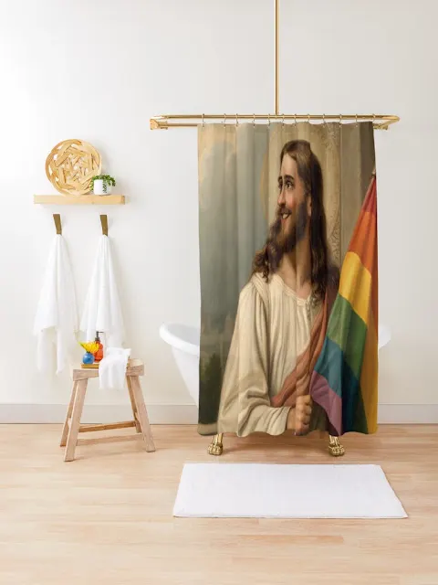 Jesus Christ with a gay pride flag - shower curtain.