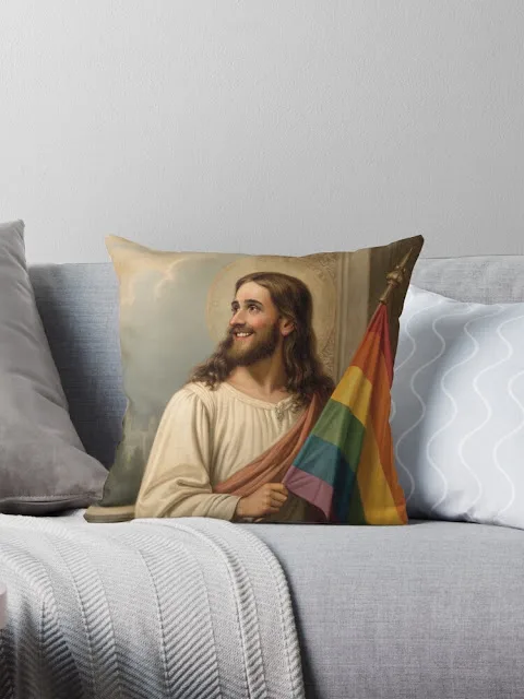 Jesus Christ with a gay pride flag - throw pillow.