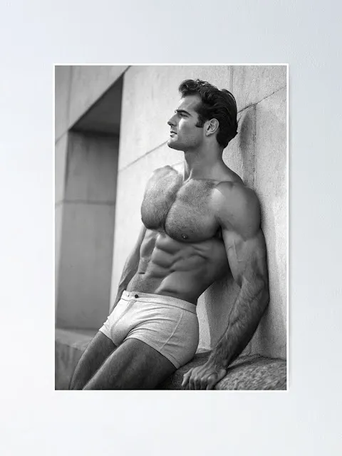 Shirtless mature guy in white underwear - print