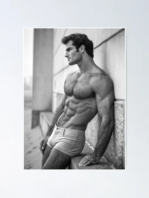 Shirtless muscular man in white underwear - print