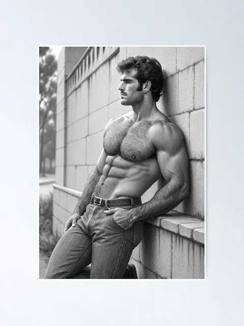 Shirtless muscle hunk in jeans - print