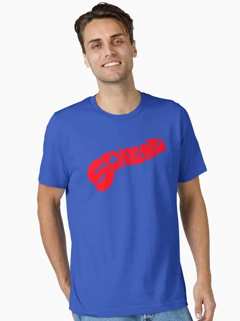 Schlong silhouette text in red t-shirt.