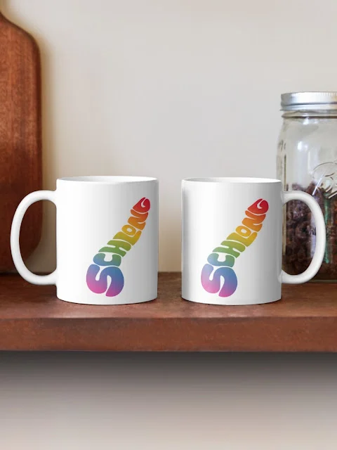 Schlong silhouette text in pride colours mugs.
