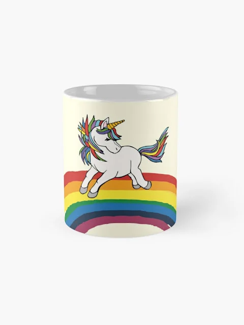 Unicorn running on a rainbow coffee mug.