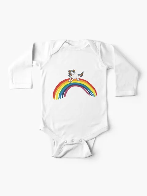 Sparkle the Unicorn on a Rainbow baby one-piece.