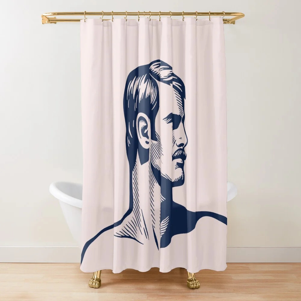 Shower curtain featuring a large print of the handsome male linocut graphic.