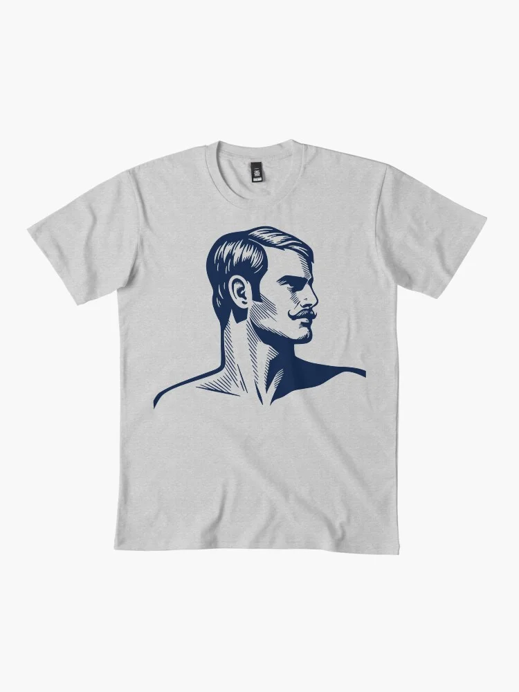 White classic coffee mug featuring the handsome male linocut graphic.