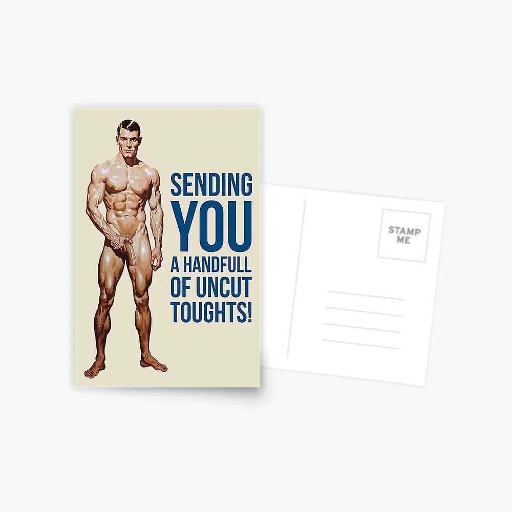 Vintage-style art print poster featuring a muscular nude male figure on a beige background.