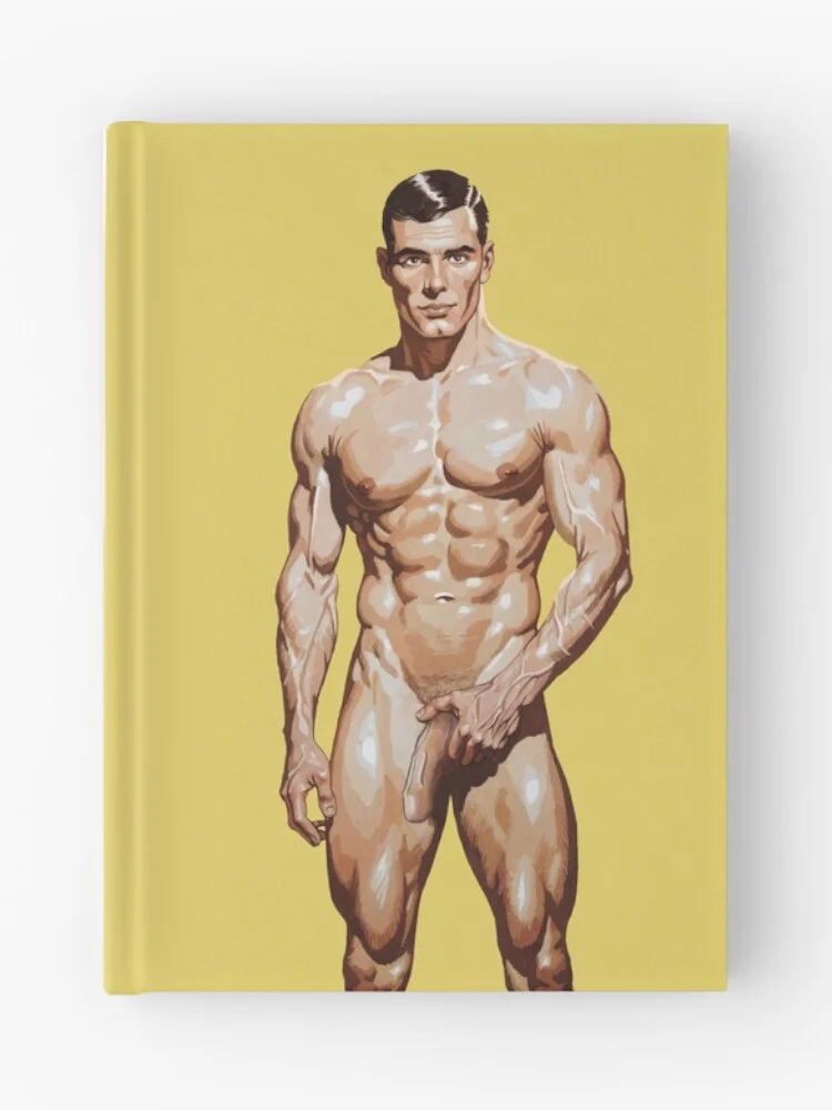Postcard displaying the uncut nude male illustration alongside playful typography.