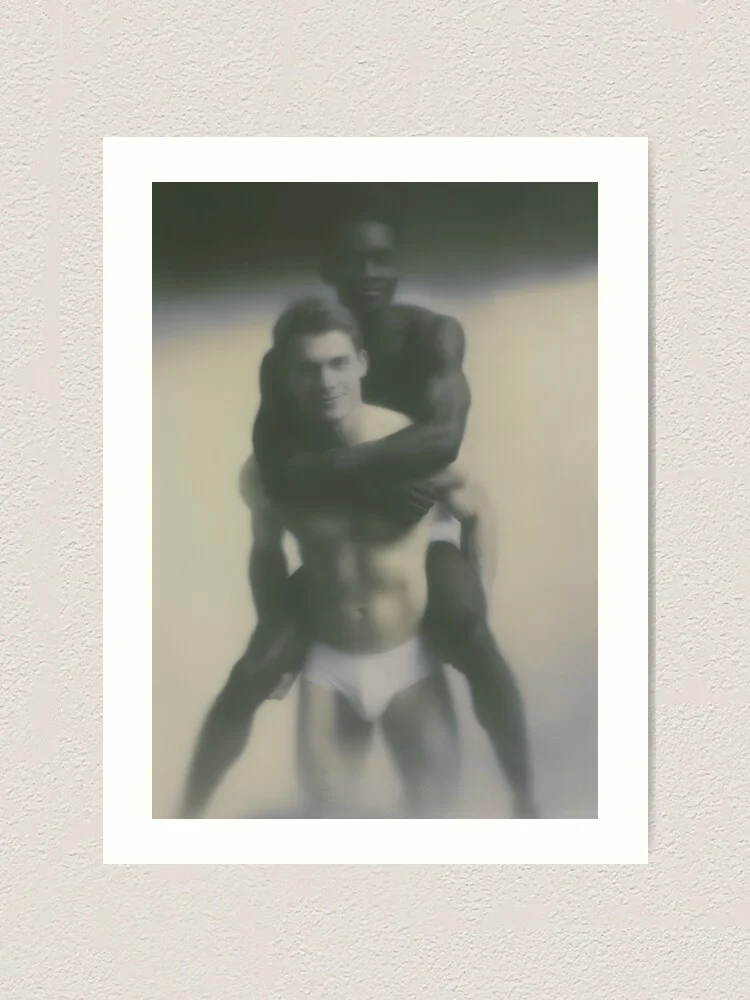 Art print featuring two shirtless men in a playful piggyback pose with a soft, blurred effect