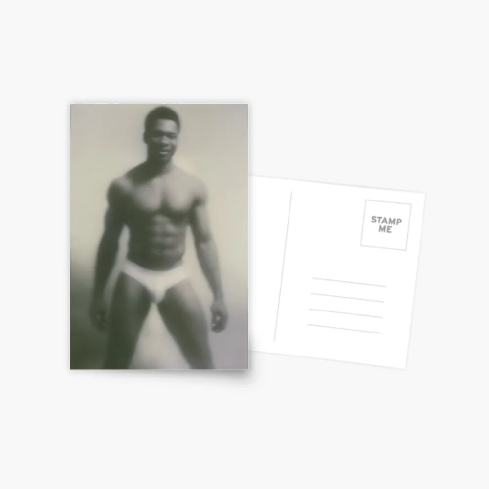 Postcard featuring a blurred athletic male in white underwear