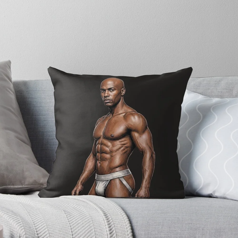 Sexy fit black man graphic featured on a throw pillow resting on a modern couch