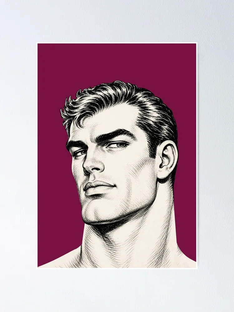 A minimalist wall art poster showing the detailed sketch of a handsome man against a rich plum-coloured background.