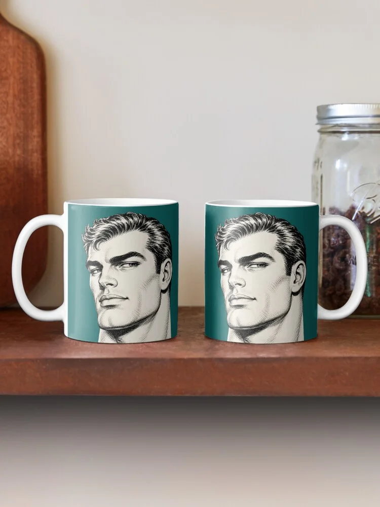Two ceramic coffee mugs featuring the handsome male face design sitting side-by-side on a wooden kitchen shelf.