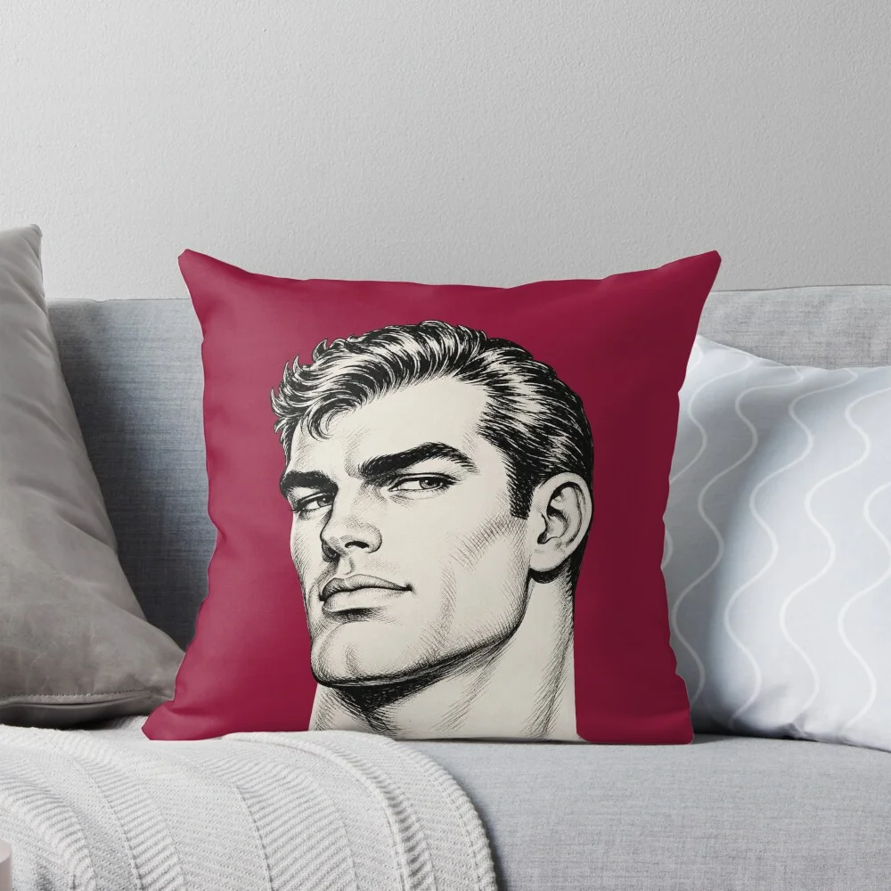 A plush throw pillow featuring the handsome male face illustration placed neatly on a modern grey sofa.
