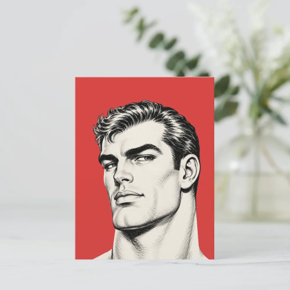 A framed art print of the handsome male face illustration resting on a white surface with a floral backdrop.