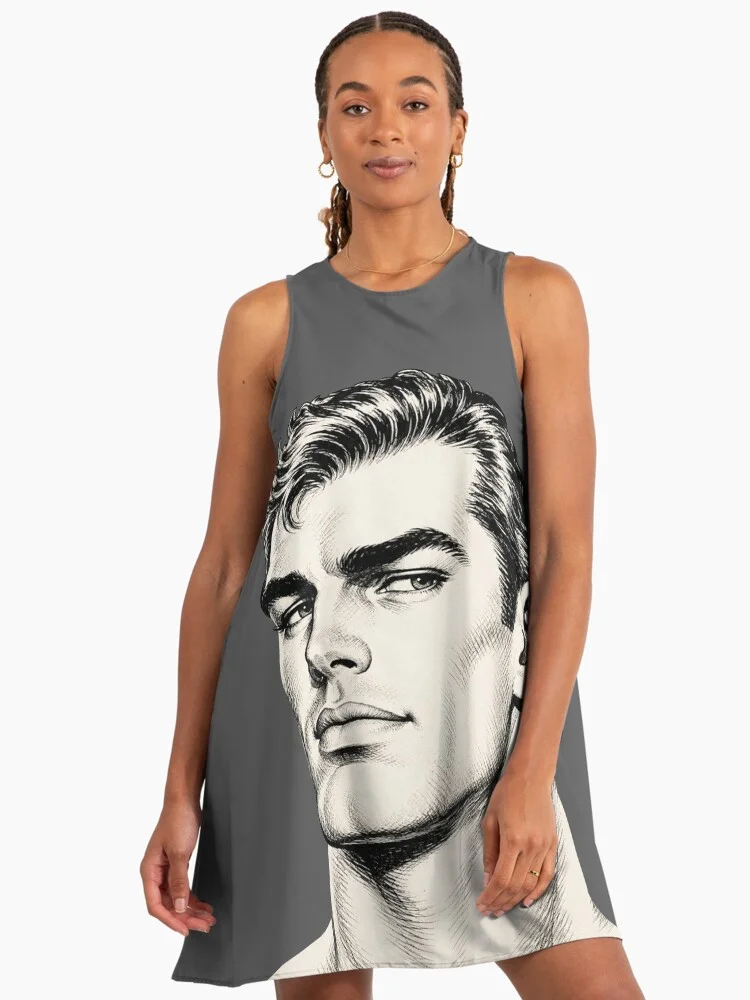 An elegant a-line dress featuring the black and white handsome male face graphic printed centrally on a sleek dark grey fabric.