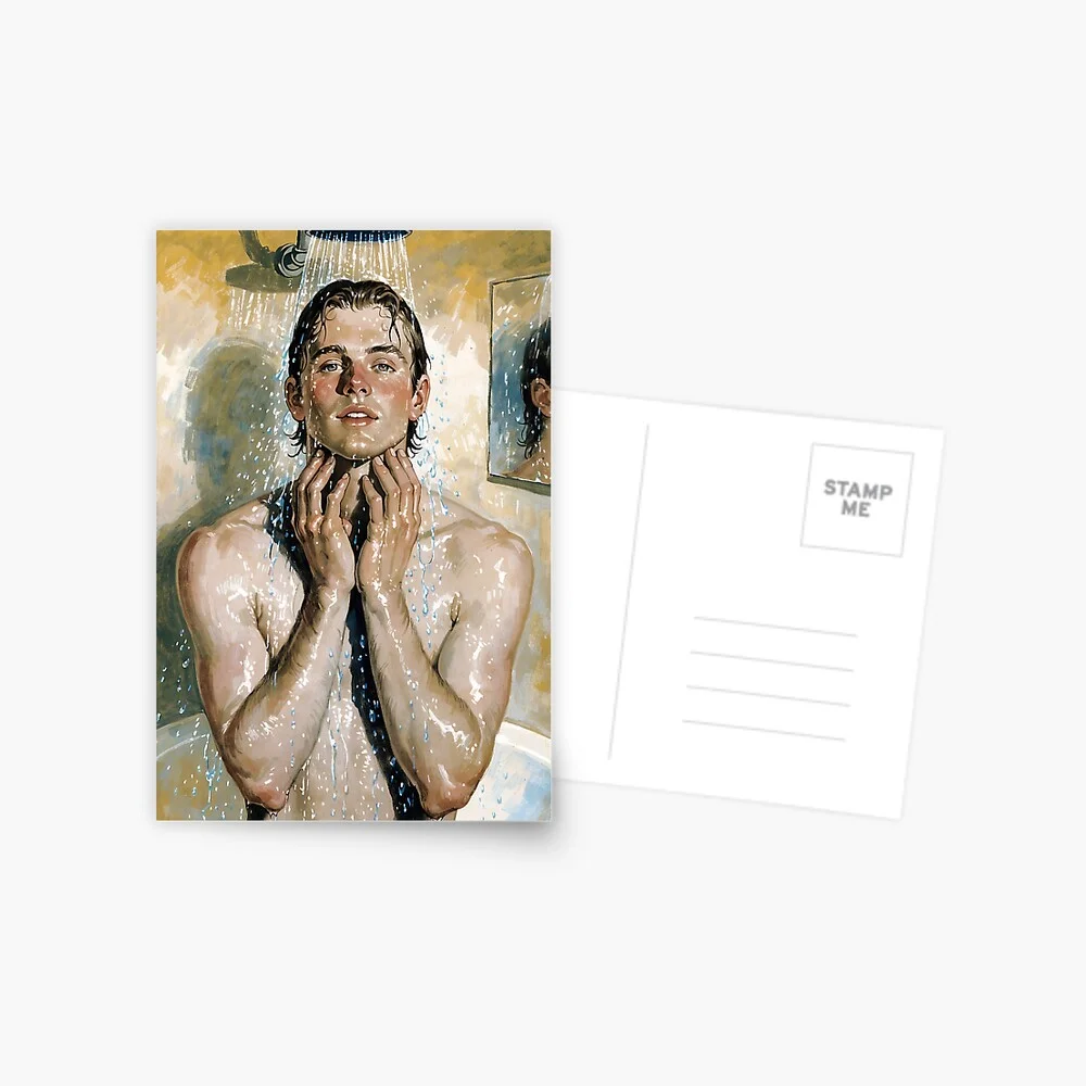 A boy in a shower postcard displaying the vintage illustration on quality cardstock.