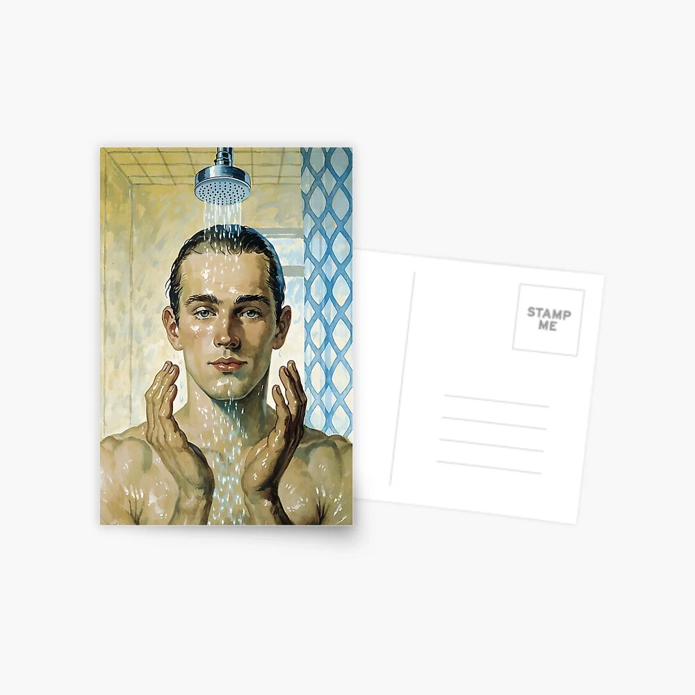 A close up of the vintage man in a shower postcard design.