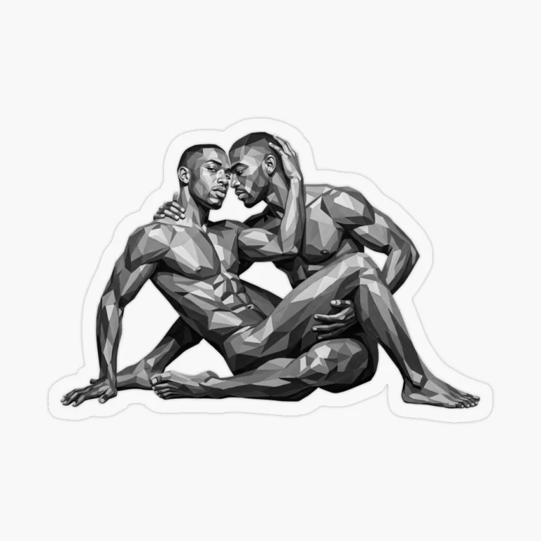 Die-cut stickers and magnets featuring the monochrome low-poly gay couple illustration.