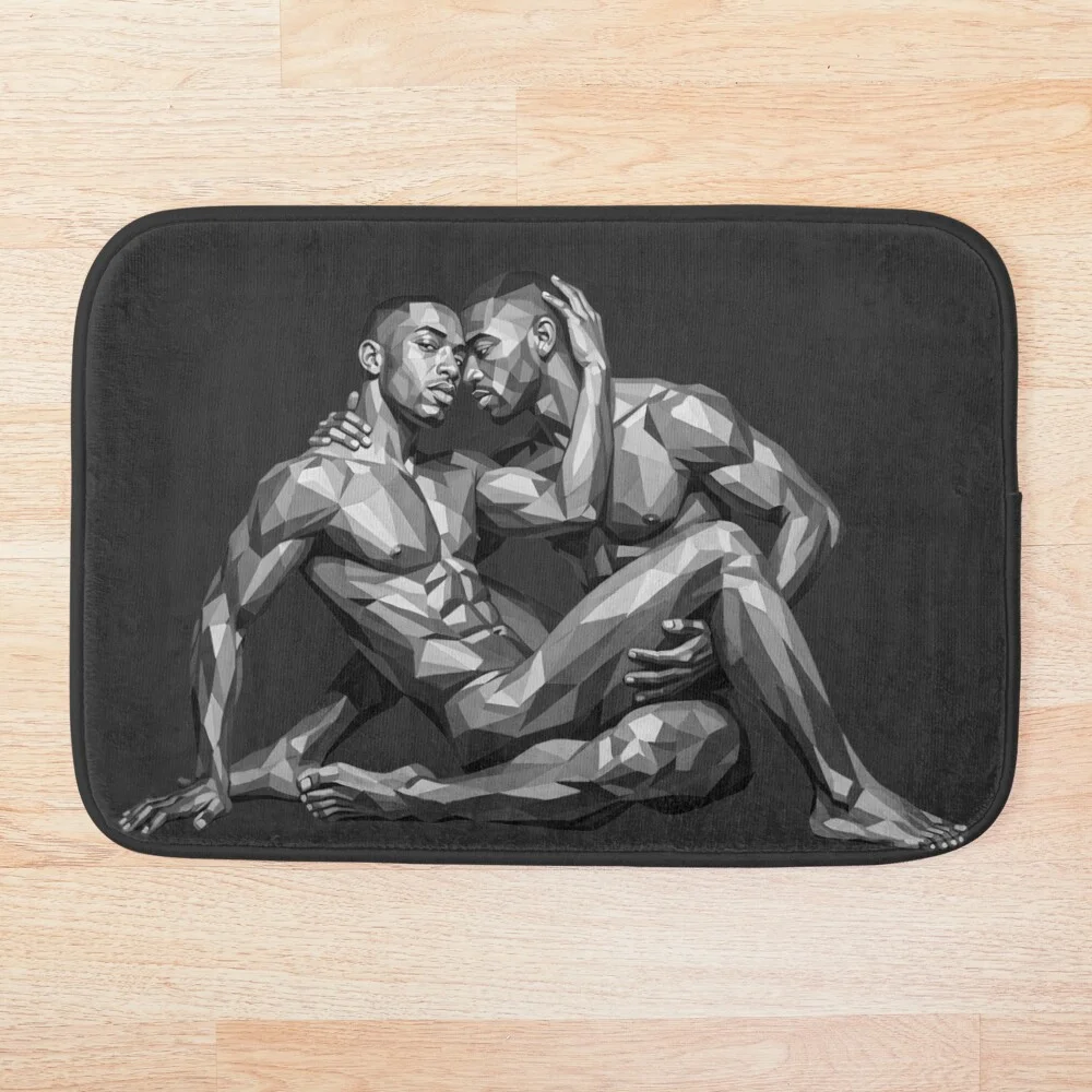 A soft bath mat displaying the low-poly gay couple artwork on a wooden bathroom floor.
