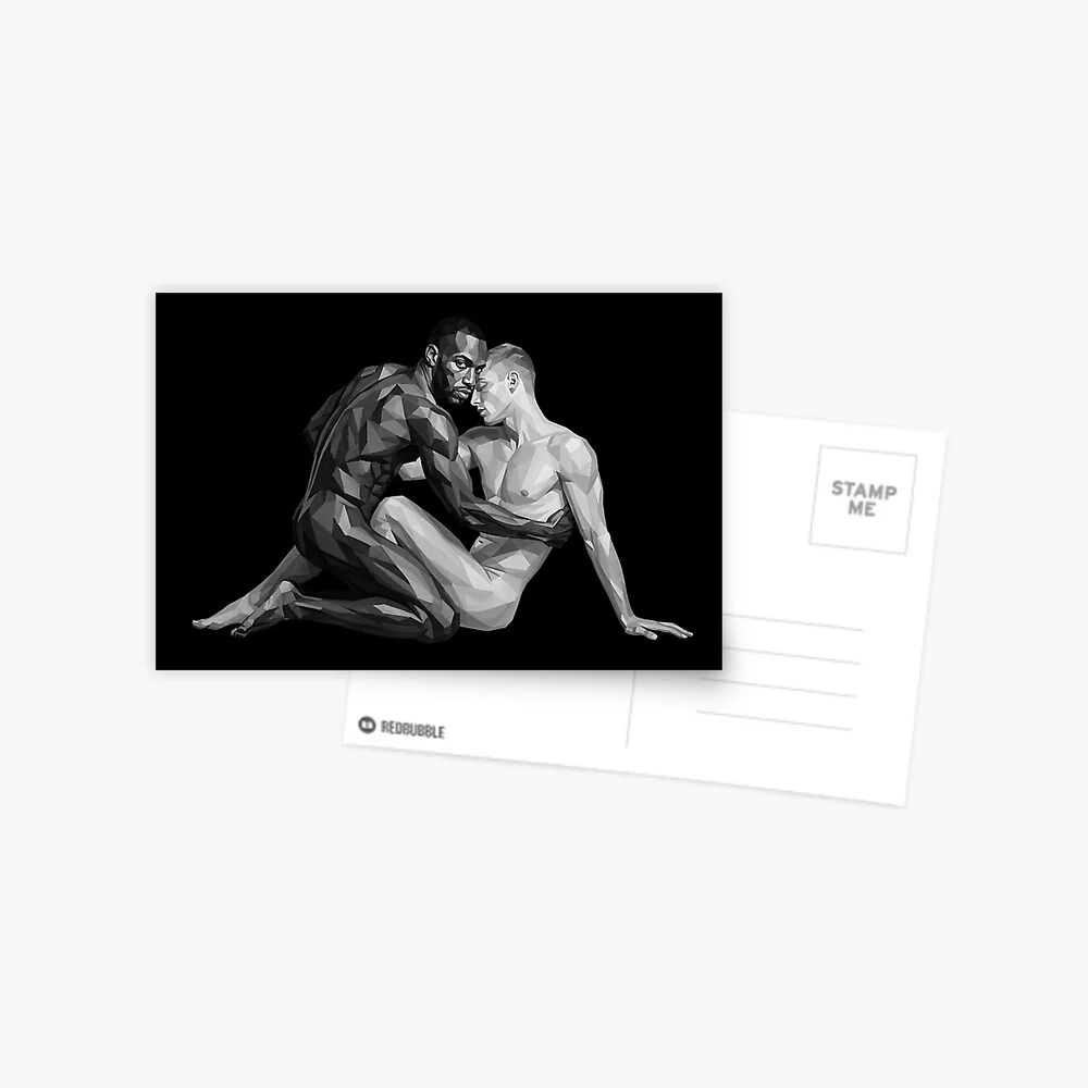 A postcard displaying the monochrome geometric gay couple artwork alongside a classic address section.