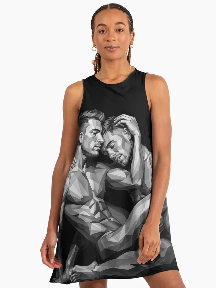 A sleeveless black dress featuring the intimate low-poly gay couple artwork printed on the front.