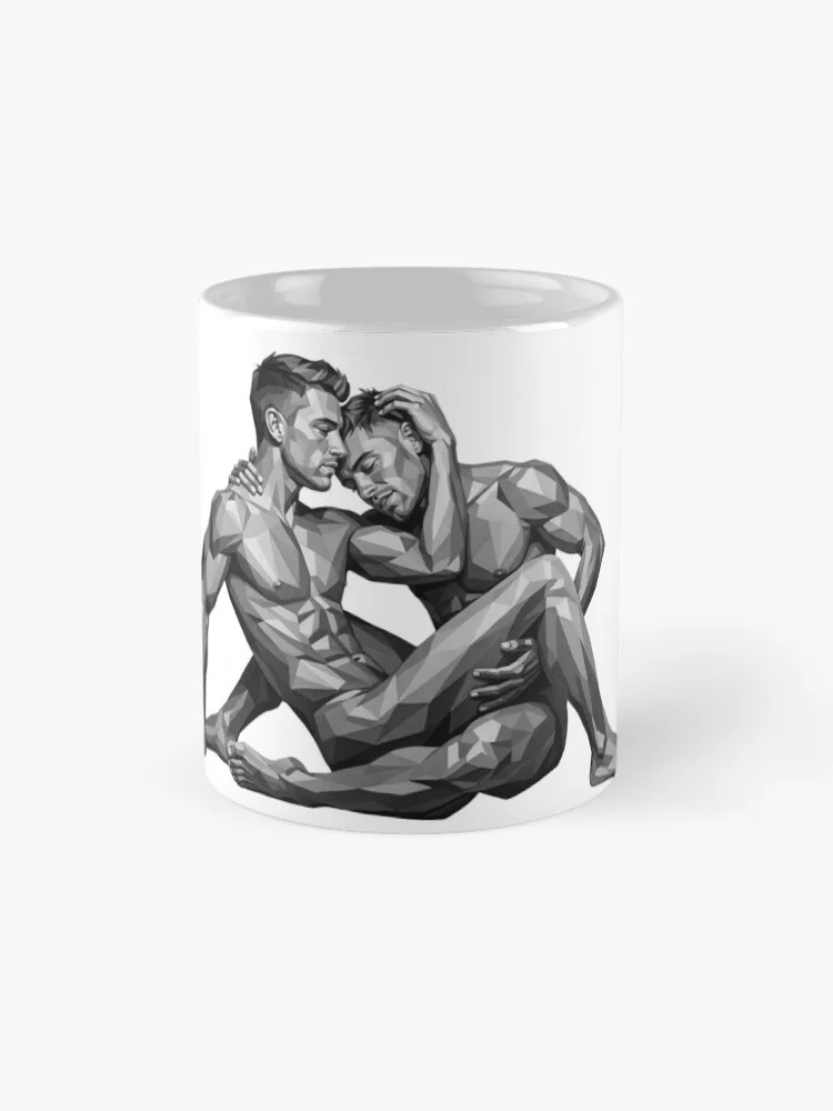 A ceramic coffee mug printed with the low-poly gay couple monochrome design against a white backdrop.