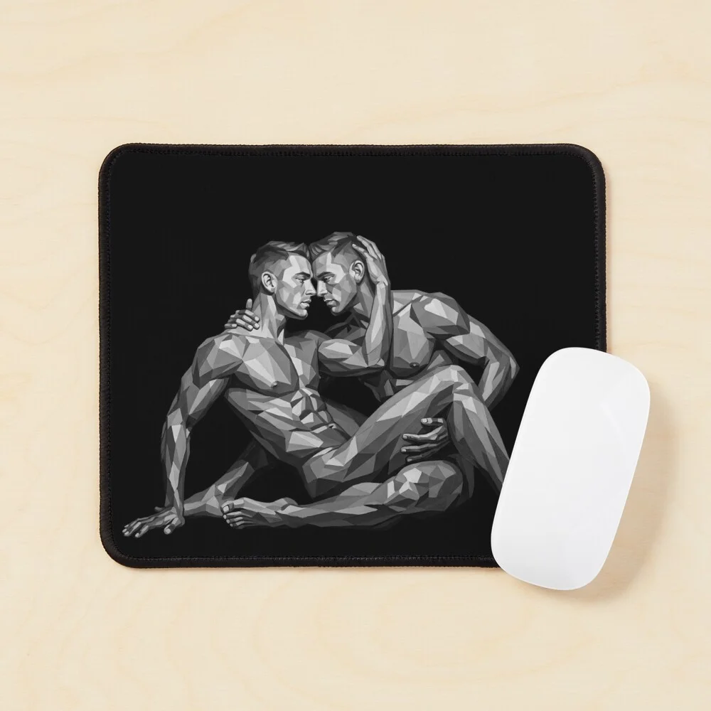 A black mousepad featuring the geometric gay couple art next to a computer mouse.