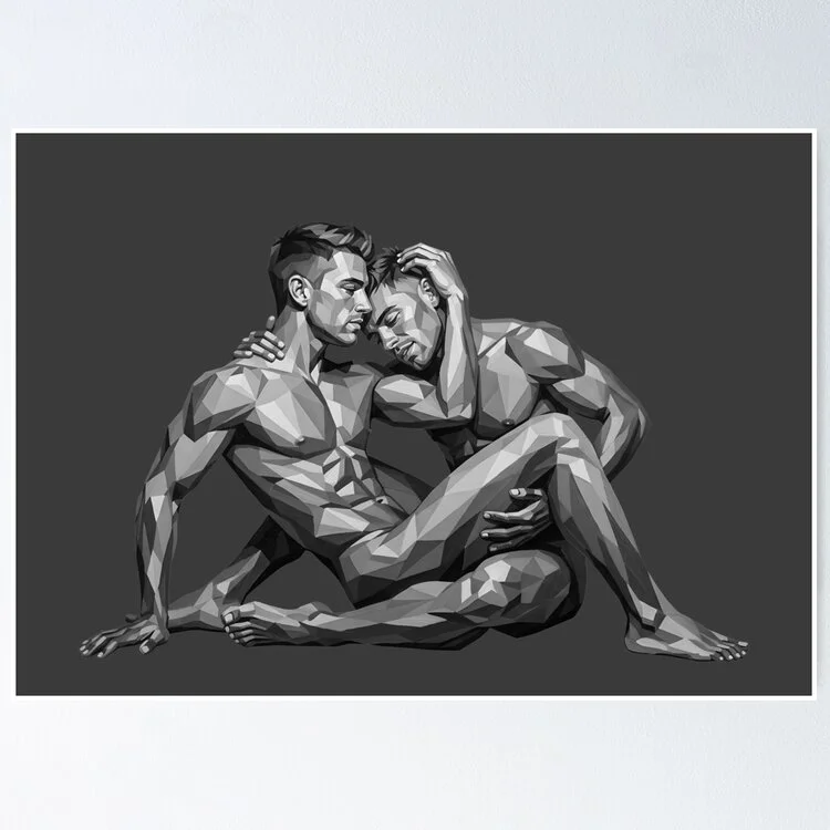 A large art poster mounted on a dark wall, showcasing the detailed grey low-poly gay couple illustration.