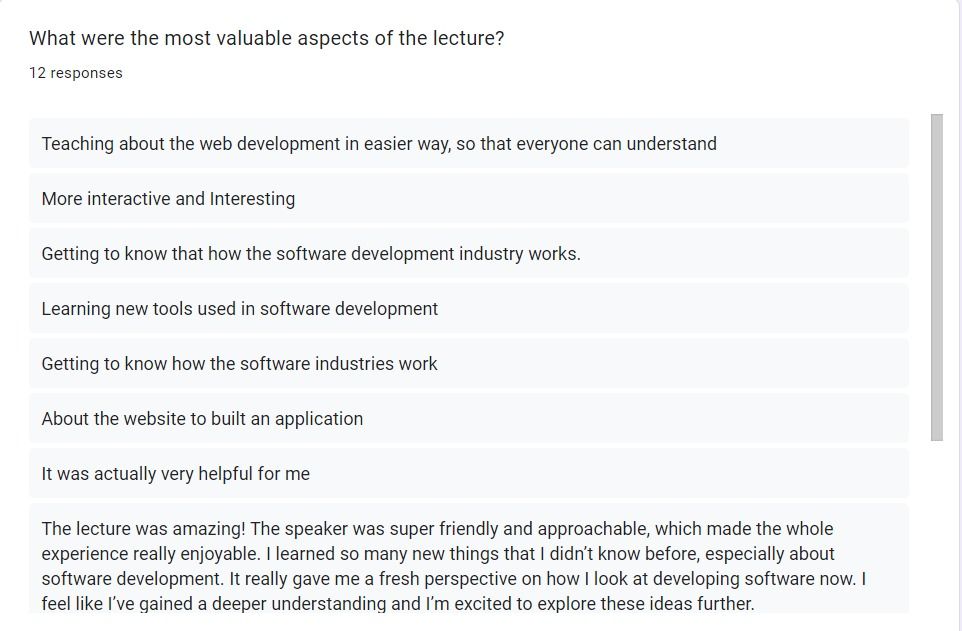 Student feedback on valuable aspects of the software development workshop