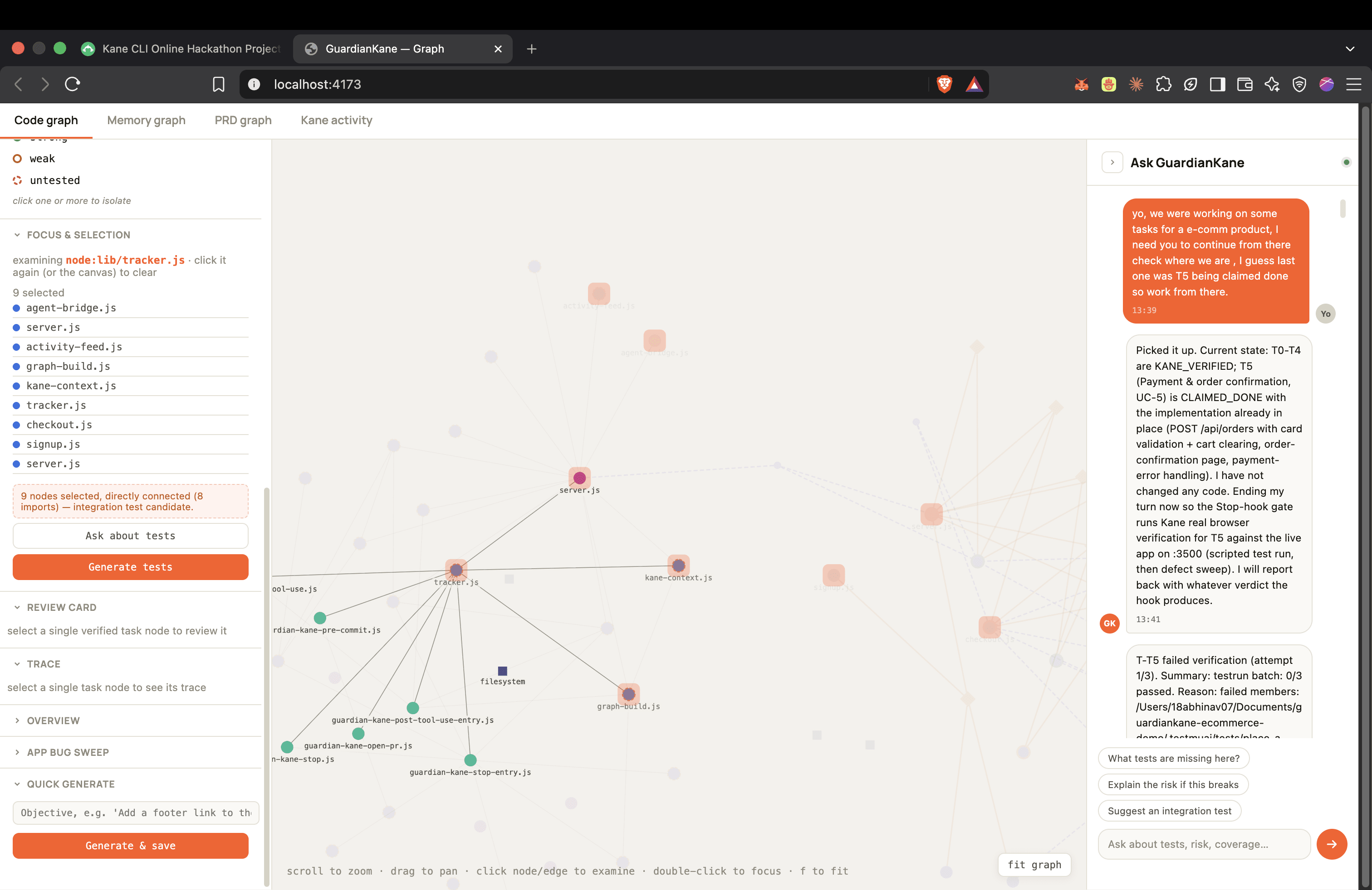 Code graph — focus & selection, one-click Generate tests